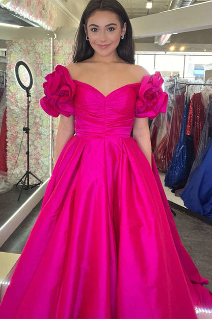 A-Line Yellow Off-the-Shoulder Ruffled Sleeve Prom Dresses