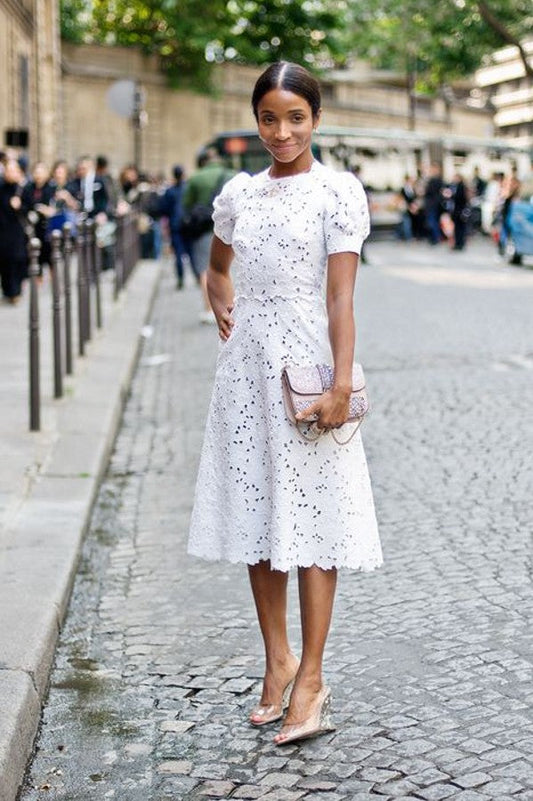 Short sleeves White Knee-length White Homecoming Dress for Sale