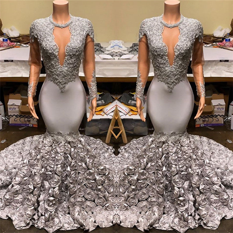 Silver Fit and Flare Floral Prom Dresses Wholesale Lace Appliques Real Shooting Prom Party Gowns