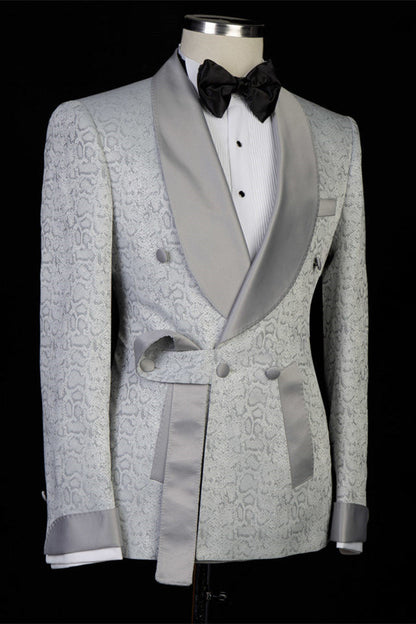 Silver Shawl Lapel Double Breasted Jacquard Wedding Suits