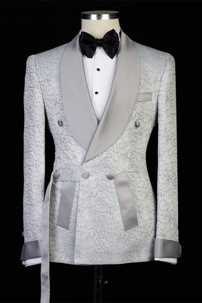 Silver Shawl Lapel Double Breasted Jacquard Wedding Suits