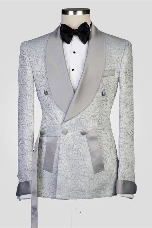 Silver Shawl Lapel Double Breasted Jacquard Wedding Suits