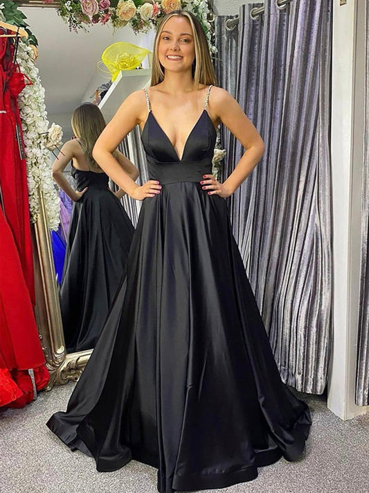 Silvie | Black Deep V Neck Satin A Line Prom Dress With Beading