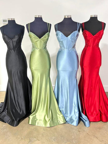 Simmy | Double Straps Appliques Mermaid Satin Prom Dress