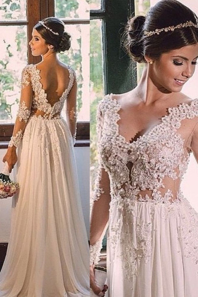 Simple A line Sweep Train Chiffon V neck Lace Backless Wedding Dress