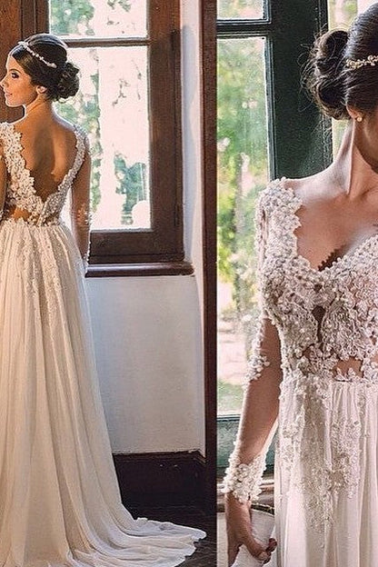 Simple A line Sweep Train Chiffon V neck Lace Backless Wedding Dress