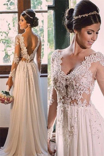 Simple A line Sweep Train Chiffon V neck Lace Backless Wedding Dress