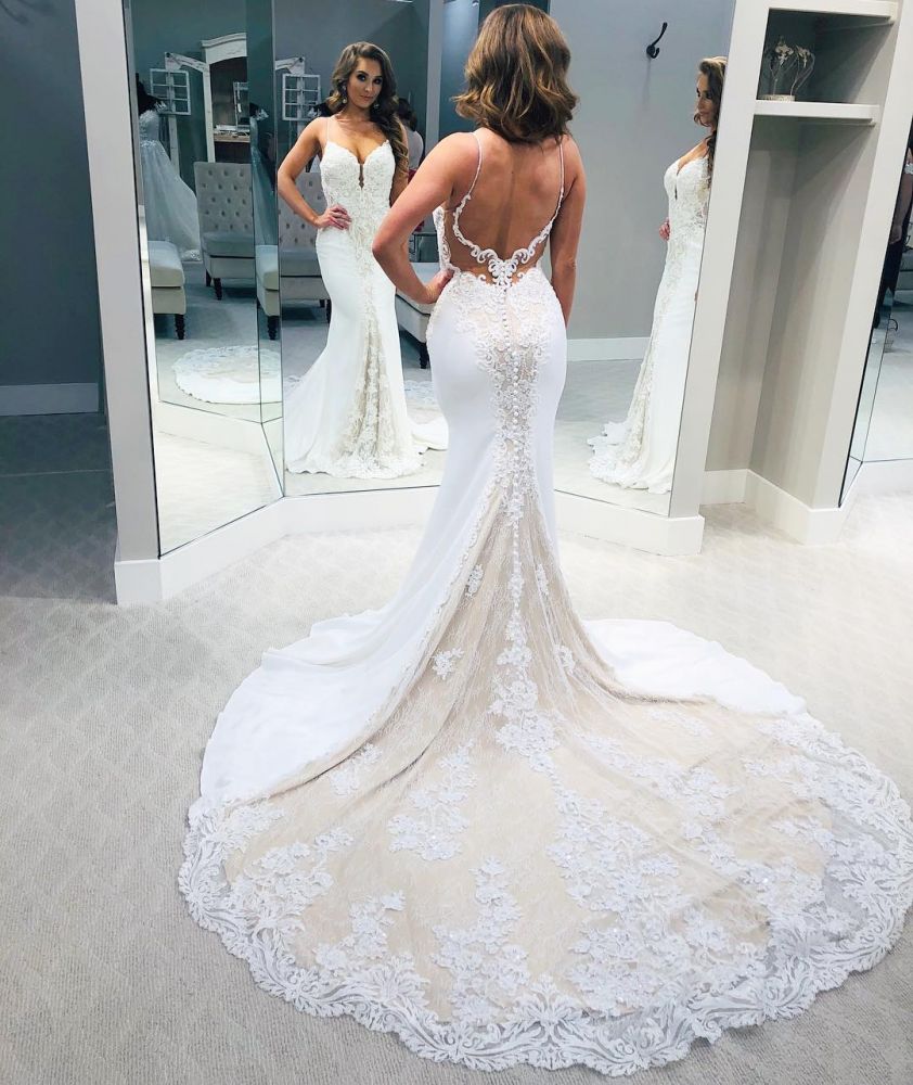 Simple Backless Spaghetti Strap Column Wedding Dress with Train