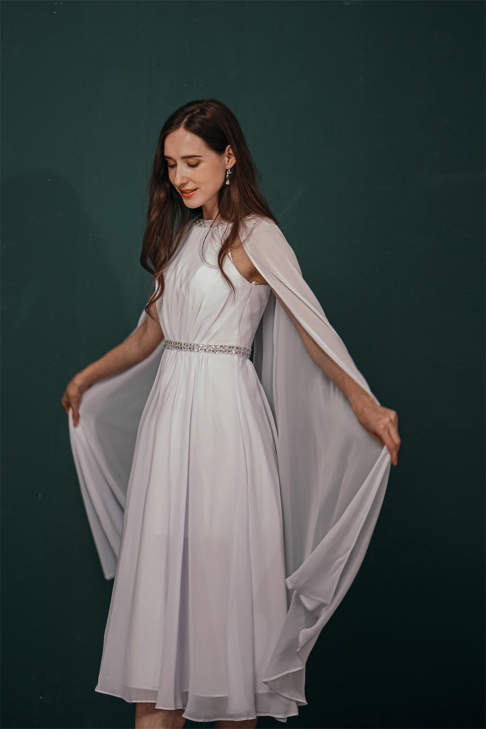 Simple Beaded White Chiffon Summer Wedding Dress with Cape