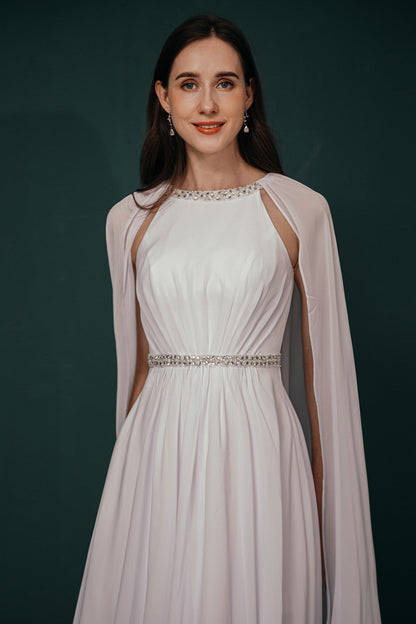 Simple Beaded White Chiffon Summer Wedding Dress with Cape