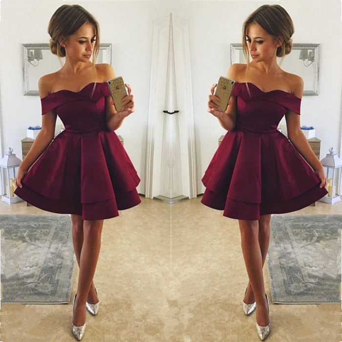 Simple Burgundy Short Homecoming Dresses Off Shoulder A-Line Hoco Dresses