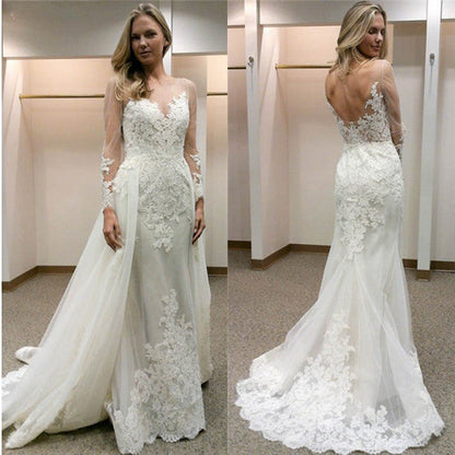 Simple Sheath Long Sleeves Tulle Appliques Open Back Wedding Dress