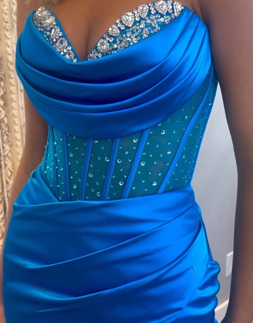 Siva | Royal Blue Strapless Satin Mermaid Prom Dress With Beading