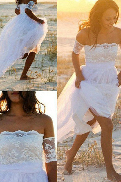 Sleeveless A Line Floor Length Off the Shoulder Lace Chiffon Wedding Dresses