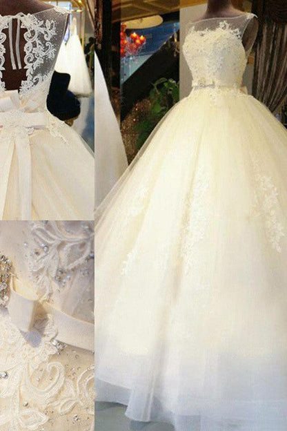 Sleeveless Ribbon Scoop Applique Tulle Ball Gown Cathedral Train Wedding Dresses