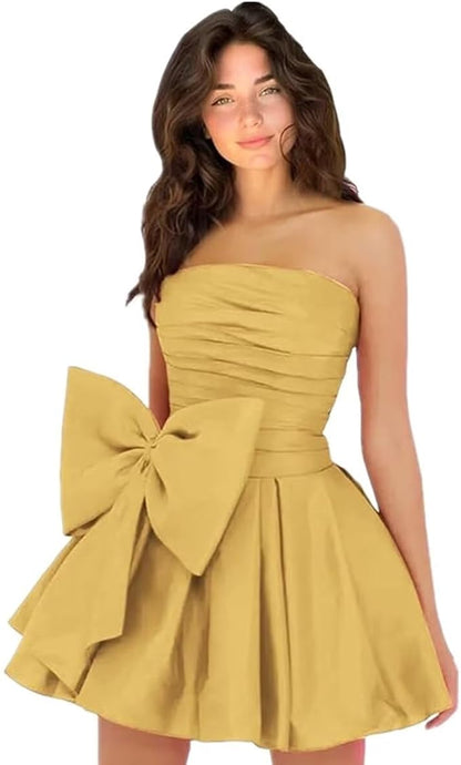 Sleeveless Ruched Short Homecoming Dresses Simple Mini Party Wear Dress with Bow