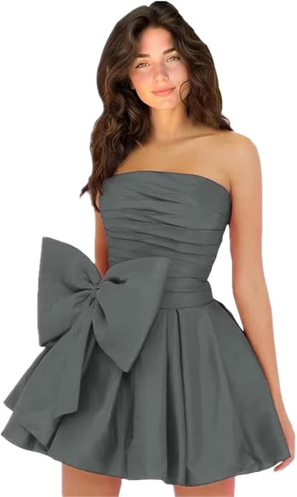 Sleeveless Ruched Short Homecoming Dresses Simple Mini Party Wear Dress with Bow