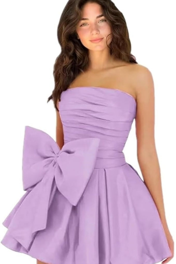 Sleeveless Ruched Short Homecoming Dresses Simple Mini Party Wear Dress with Bow