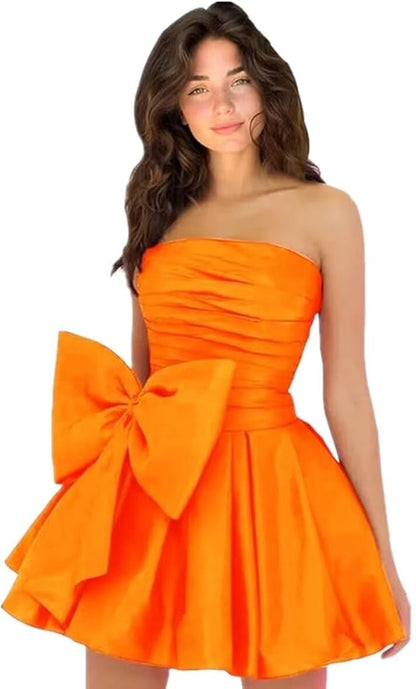 Sleeveless Ruched Short Homecoming Dresses Simple Mini Party Wear Dress with Bow