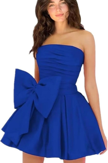 Sleeveless Ruched Short Homecoming Dresses Simple Mini Party Wear Dress with Bow