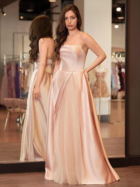 Sleeveless Satin A-Line Floor-Length Evening Gown Slit with Tulle Strapless Prom Dress