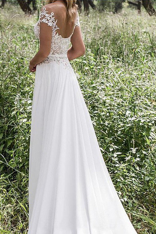 Sleeveless V neck Lace Chiffon A Line Floor Length Wedding Dresses