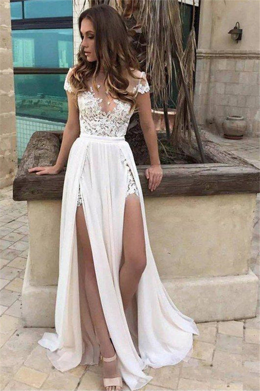 Sleeveless V neck Lace Chiffon A Line Floor Length Wedding Dresses