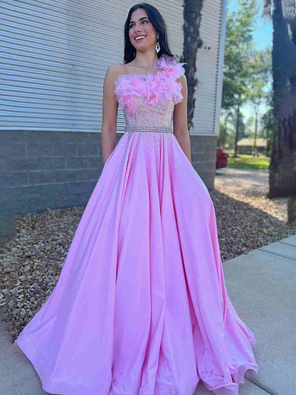 Sophronia | Candy Pink Beaded One Shoulder Long Prom Dress With Flowers