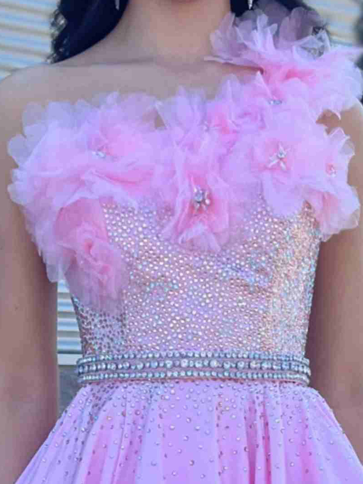 Sophronia | Candy Pink Beaded One Shoulder Long Prom Dress With Flowers