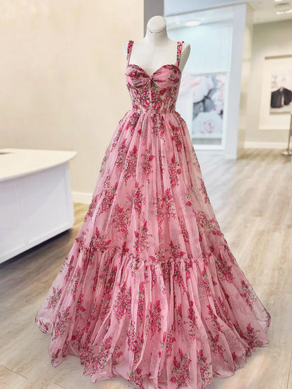 Sosi | Pink Sweetheart A Line  Floral Printed Chiffon Long Prom Dress With Bow