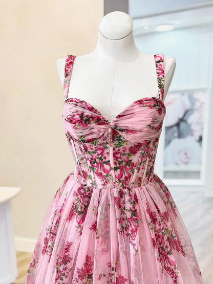 Sosi | Pink Sweetheart A Line  Floral Printed Chiffon Long Prom Dress With Bow