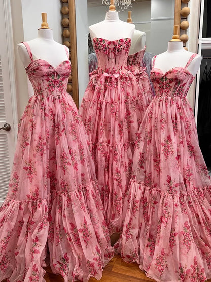 Sosi | Pink Sweetheart A Line  Floral Printed Chiffon Long Prom Dress With Bow