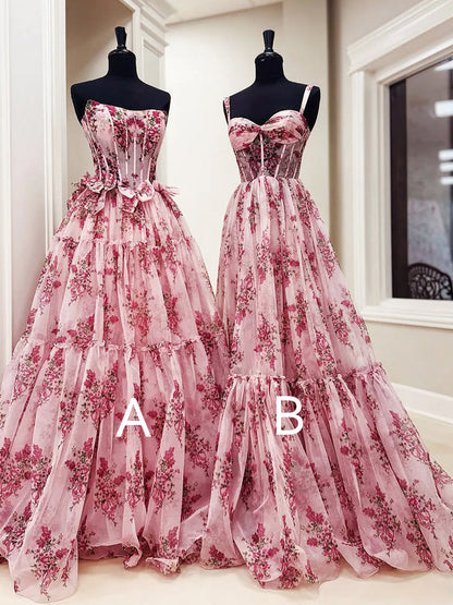 Sosi | Pink Sweetheart A Line  Floral Printed Chiffon Long Prom Dress With Bow