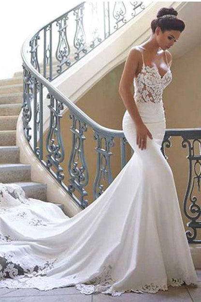 Spaghetti Strap Lace Wedding Dress Online with Chapel Train