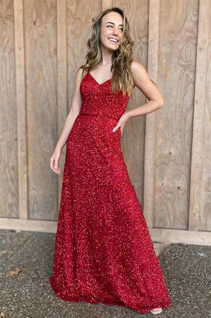 Spaghetti Straps Red Sequins Long Prom Dress