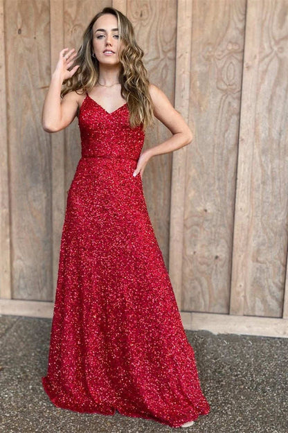 Spaghetti Straps Red Sequins Long Prom Dress