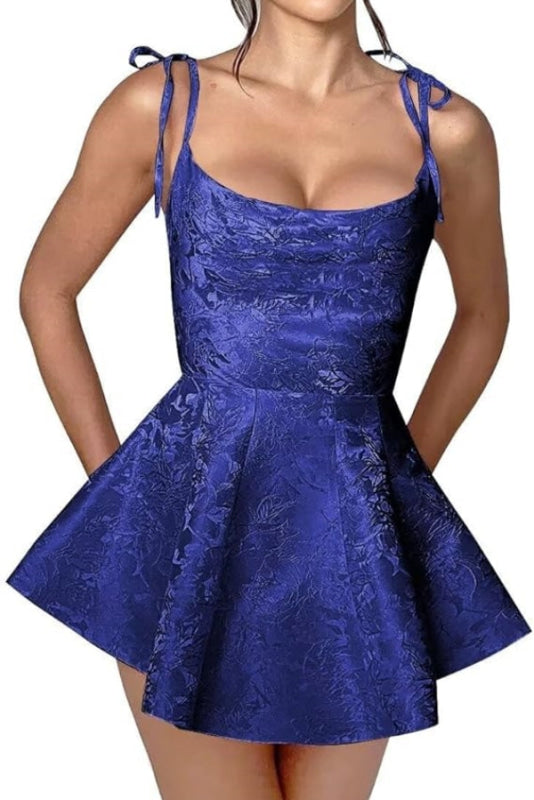 Spaghetti Straps Satin Mini Party Dress Jacquard Sleeveless Homecoming Dress