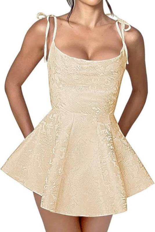 Spaghetti Straps Satin Mini Party Dress Jacquard Sleeveless Homecoming Dress