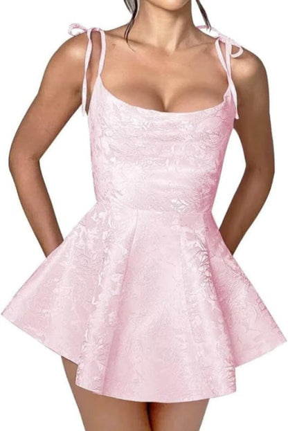 Spaghetti Straps Satin Mini Party Dress Jacquard Sleeveless Homecoming Dress