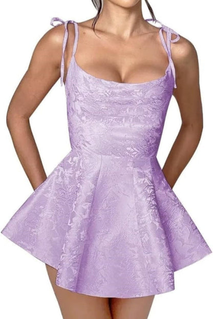 Spaghetti Straps Satin Mini Party Dress Jacquard Sleeveless Homecoming Dress