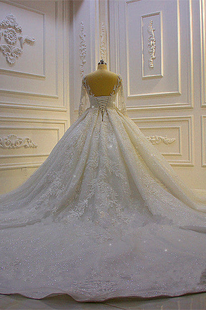 Sparkle 3D Lace Appliques Long Sleevess Church Train Wedding Dress