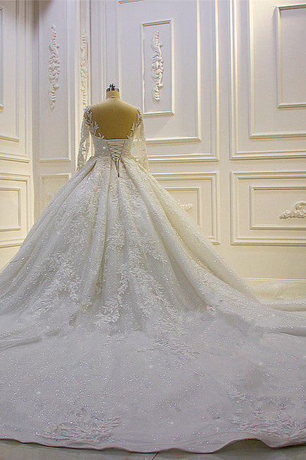 Sparkle 3D Lace Appliques Long Sleevess Church Train Wedding Dress