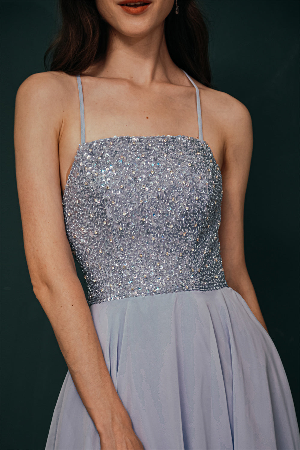 Sparkle Beaded Silver Halter Short Criss-cross Homecoming Dress