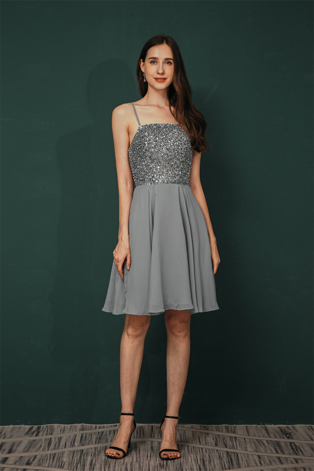 Sparkle Beaded Silver Halter Short Criss-cross Homecoming Dress