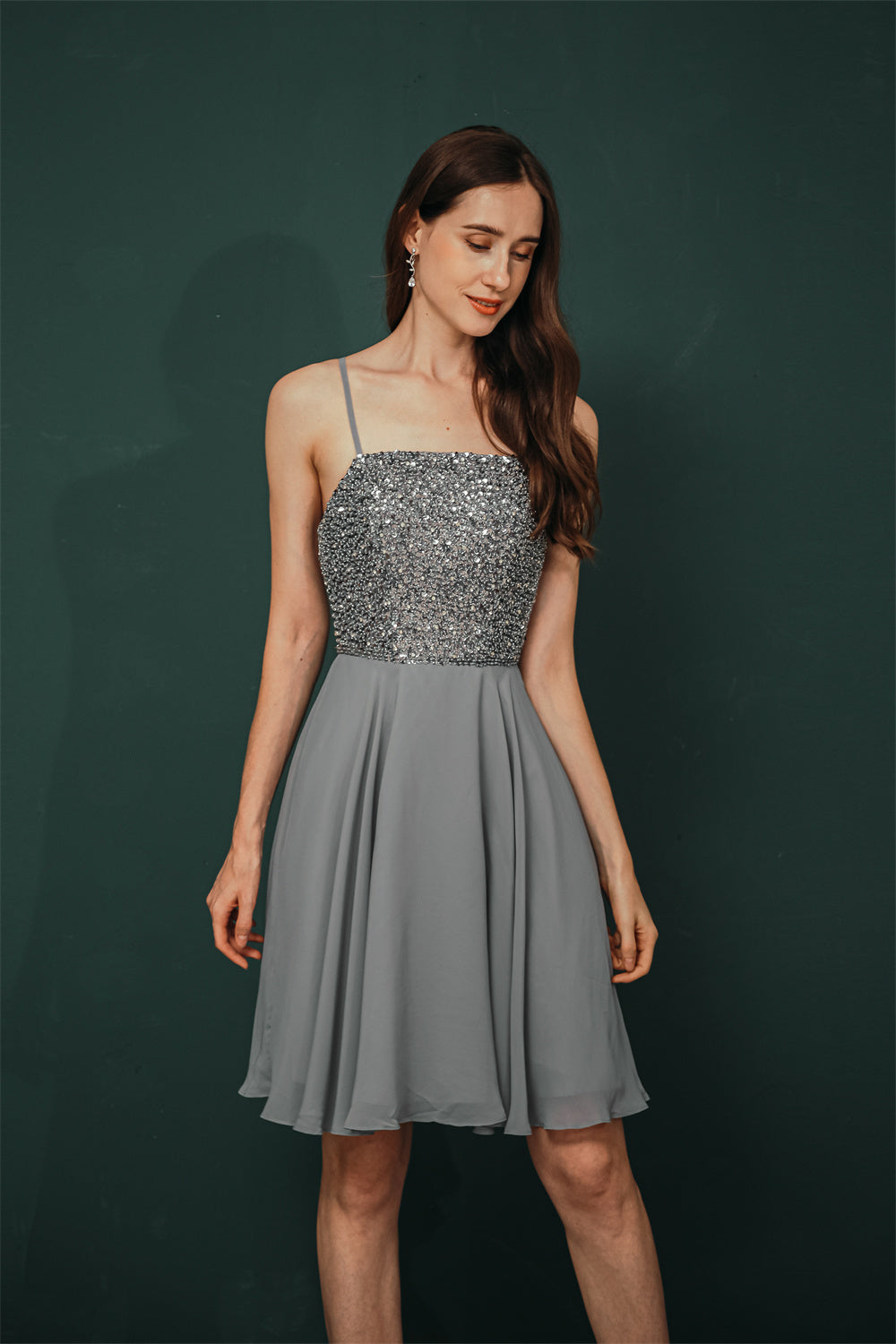 Sparkle Beaded Silver Halter Short Criss-cross Homecoming Dress