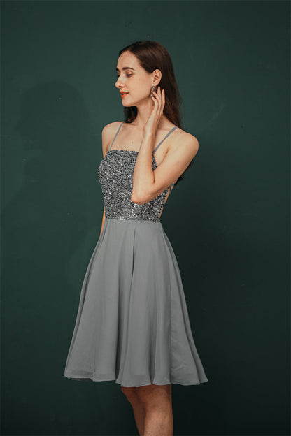 Sparkle Beaded Silver Halter Short Criss-cross Homecoming Dress