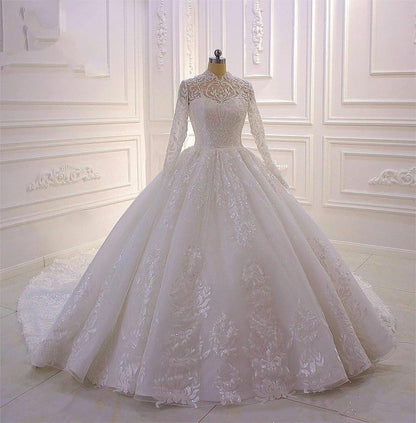 Sparkle Lace Ball Gown High Neck Tull Long Sleevess Wedding Dress