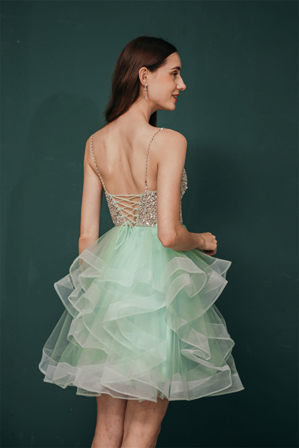 Sparkle Mint Green SPAGHETTI STRAP Beaded Homecoming Dress