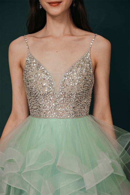 Sparkle Mint Green SPAGHETTI STRAP Beaded Homecoming Dress