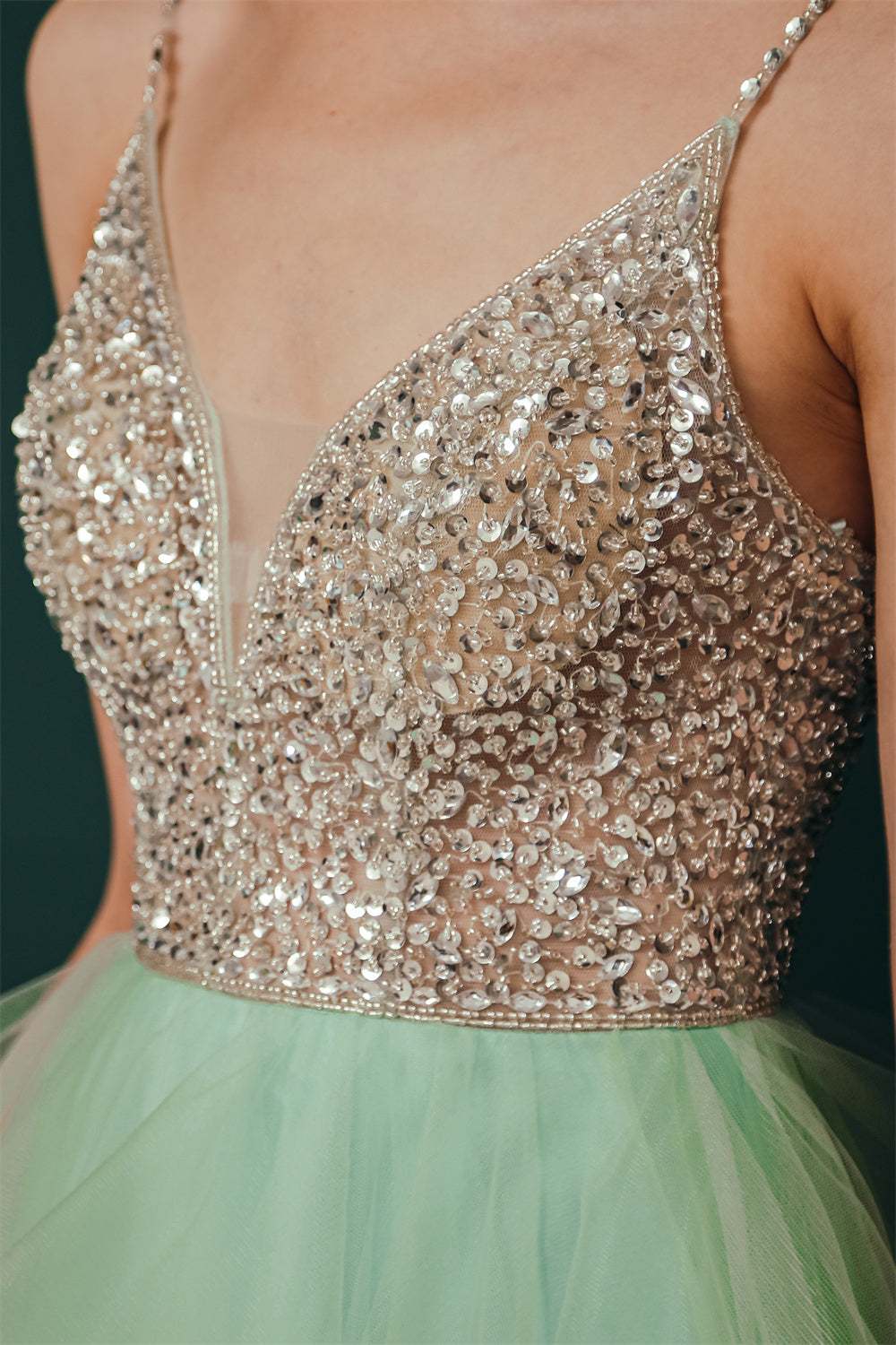 Sparkle Mint Green SPAGHETTI STRAP Beaded Homecoming Dress